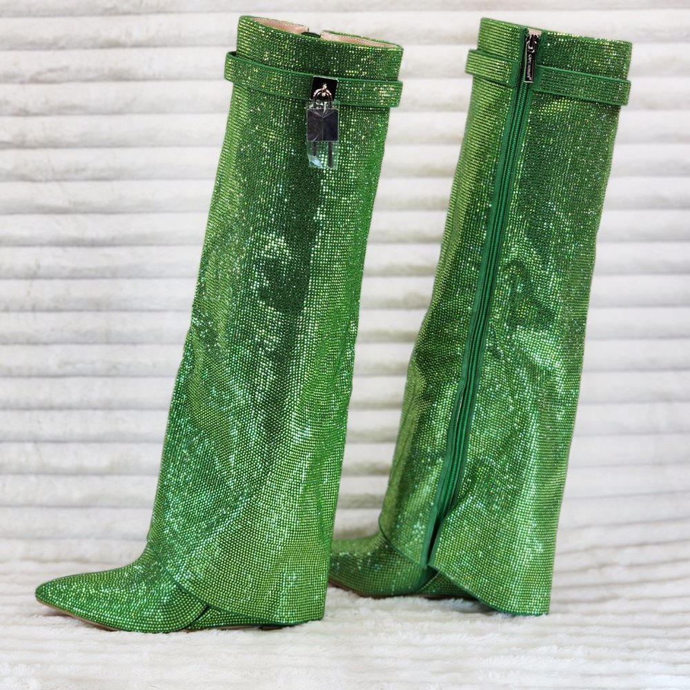 Super Sparkle Sharky Green Rhinestone Skirted Fold Over Wedge Heel Knee Boots - Picture 5 of 14